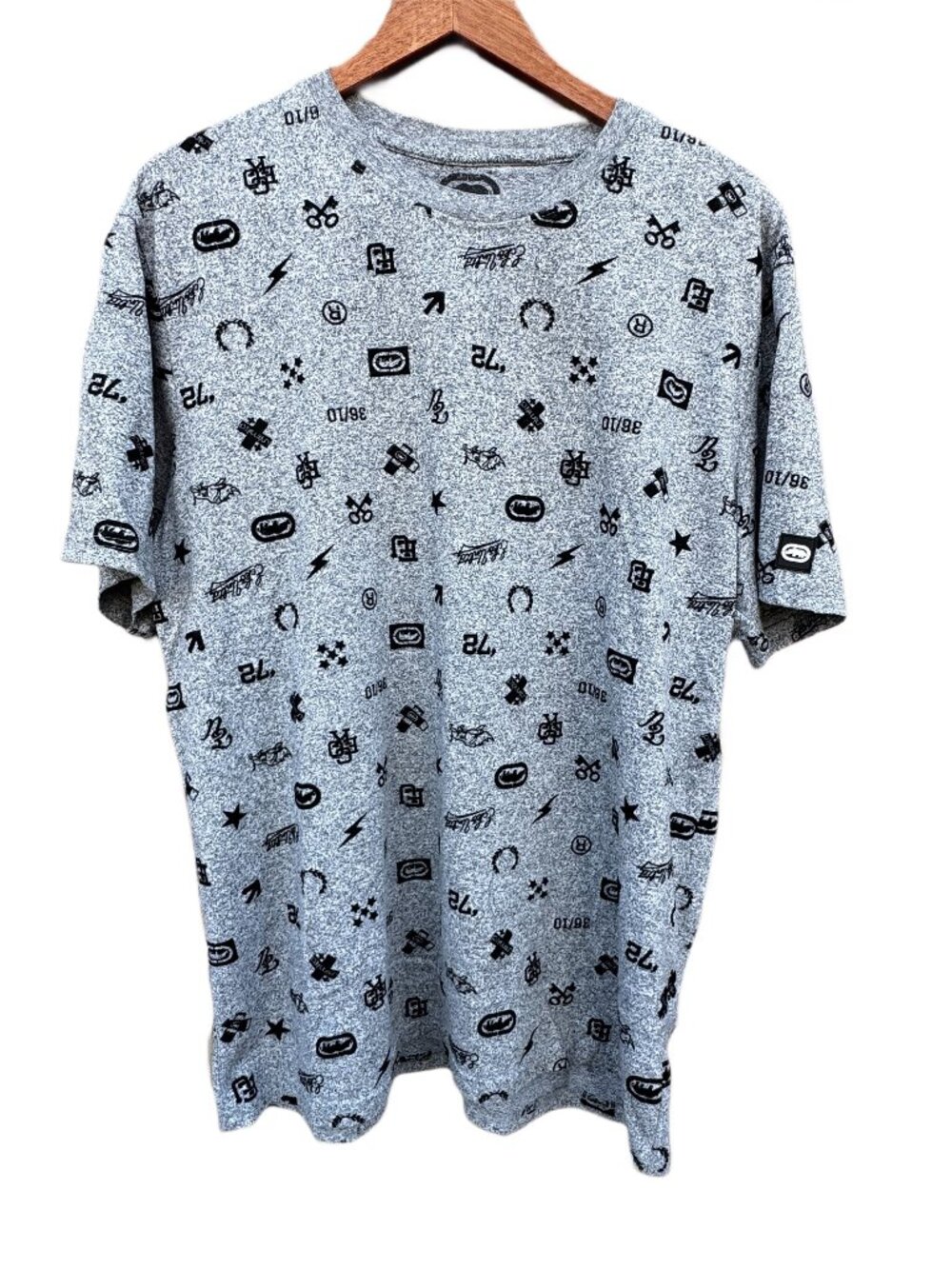 Ecko Unltd Tee Gray All Over Graphic Print Logo Symbols Y2K Streetwear Large Men